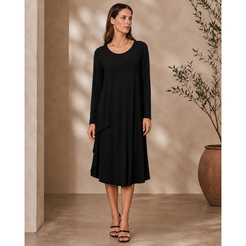 Sun Kim Draped Overlay Midi Dress Womens Medium Black Long Sleeve SK313